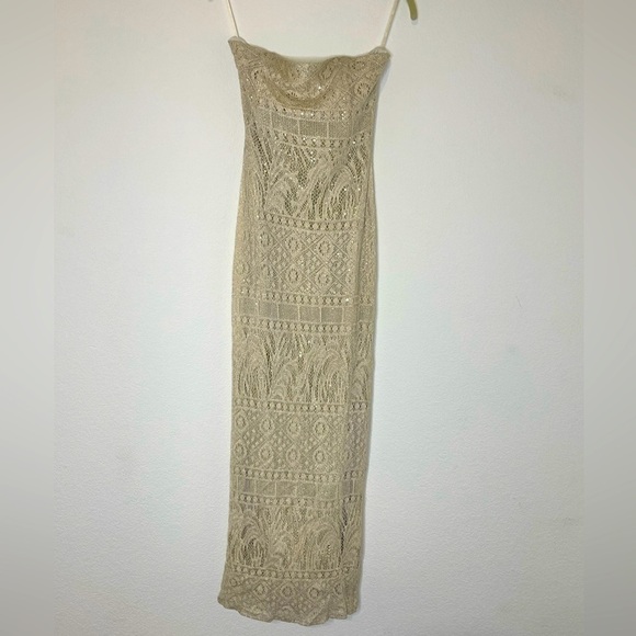 Gunne Sax dress maxi gown by Jessica Mclintock sz 7 knit gold sequin strapless - Picture 1 of 11